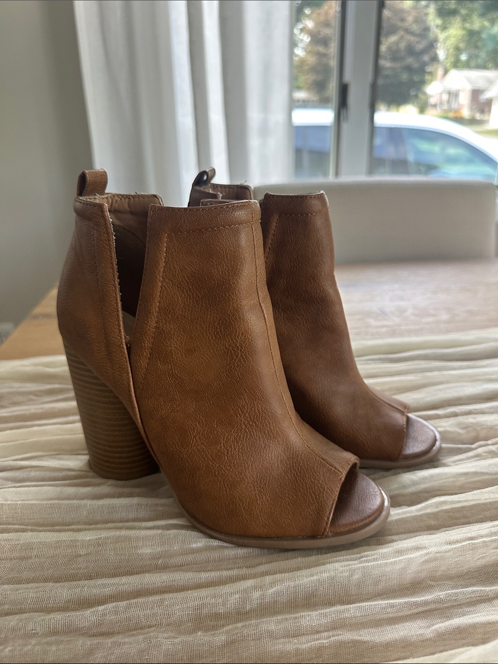 Qupid Tan Peep-Toe Stacked Block Heel Booties